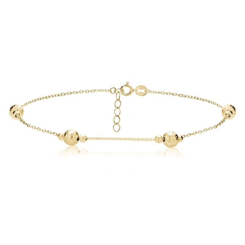 Gold Tone Over Sterling Silver Textured And Polished Round Beads Chain Anklet