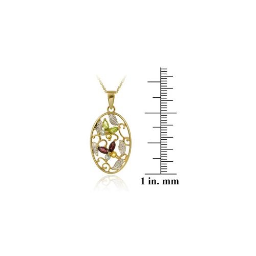 18K Gold Over Sterling Silver Multi Gemstone & Diamond Accent Oval Flower Pendant