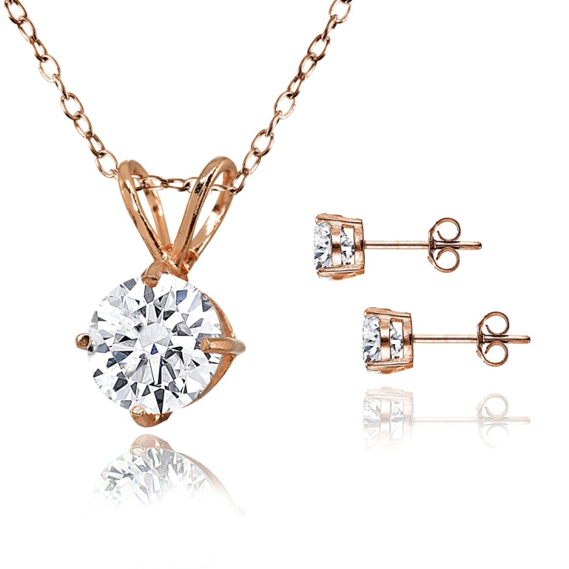 Rose Gold Flash Sterling Silver Aaa Cubic Zirconia Round Solitaire Necklace & Stud Earrings Set