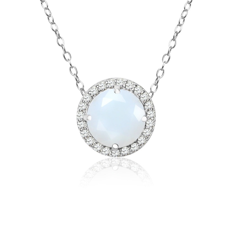 Sterling Silver Created White Opal And Cubic Zirconia Round Halo Necklace