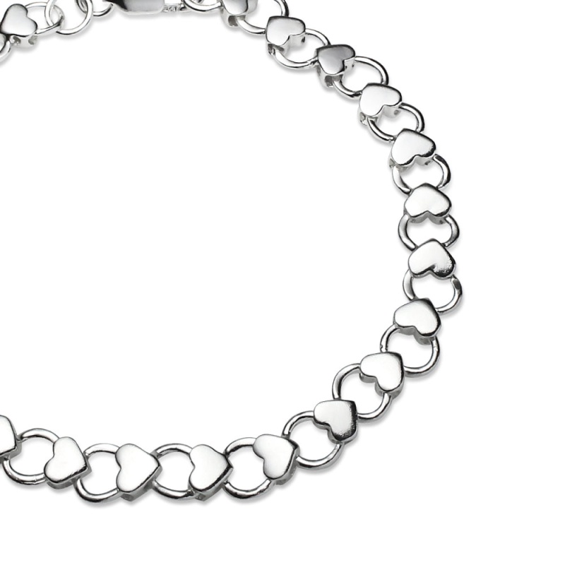 Sterling Silver High Polished Heart And Circle Link Chain Bracelet, 7.25 Inches