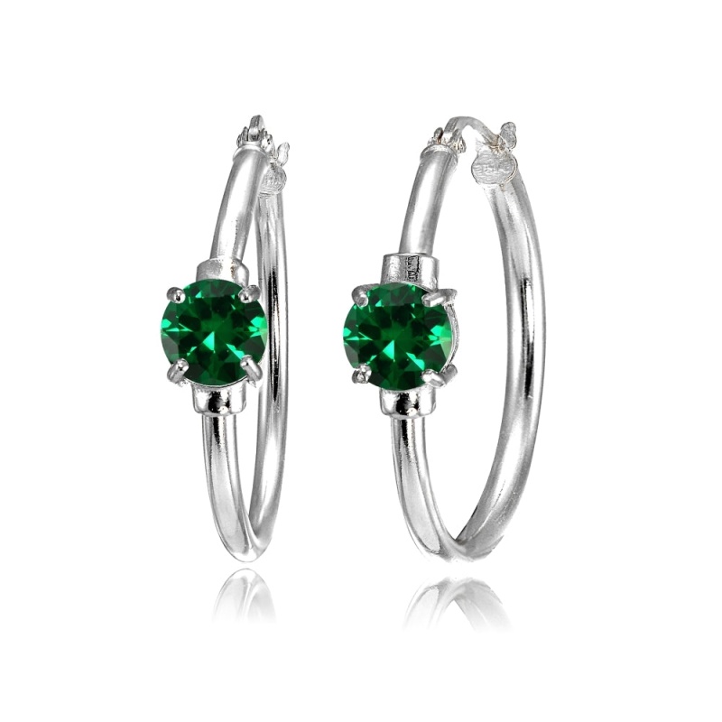 Sterling Silver Simulated Emerald Solitaire 25Mm Hoop Earrings