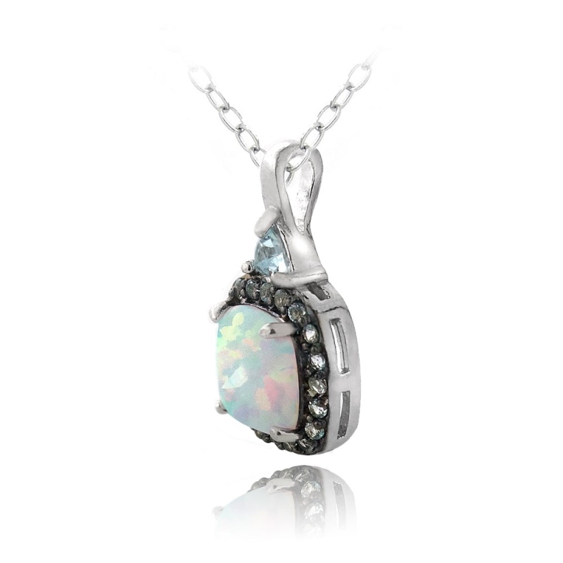 Sterling Silver Created White Opal & Blue Topaz Square Necklace