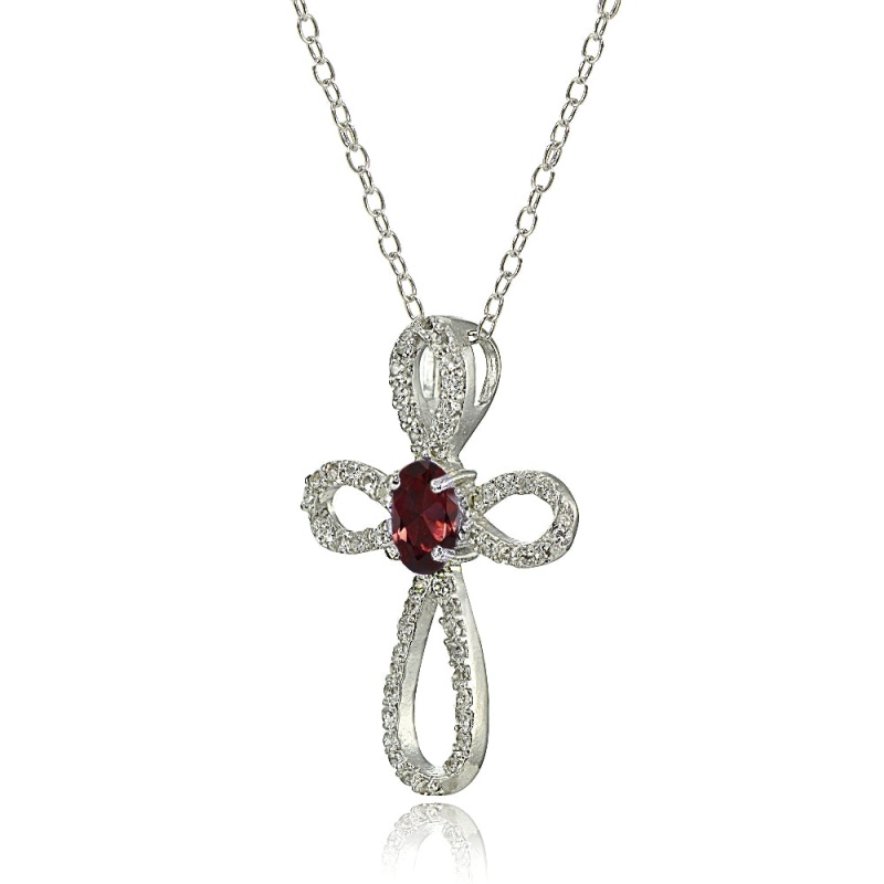 Sterling Silver Garnet & White Topaz Infinity Cross Necklace