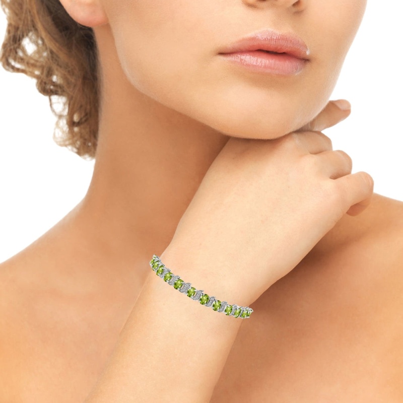Sterling Silver Peridot 6X4mm Oval And S Tennis Bracelet With White Topaz Accents