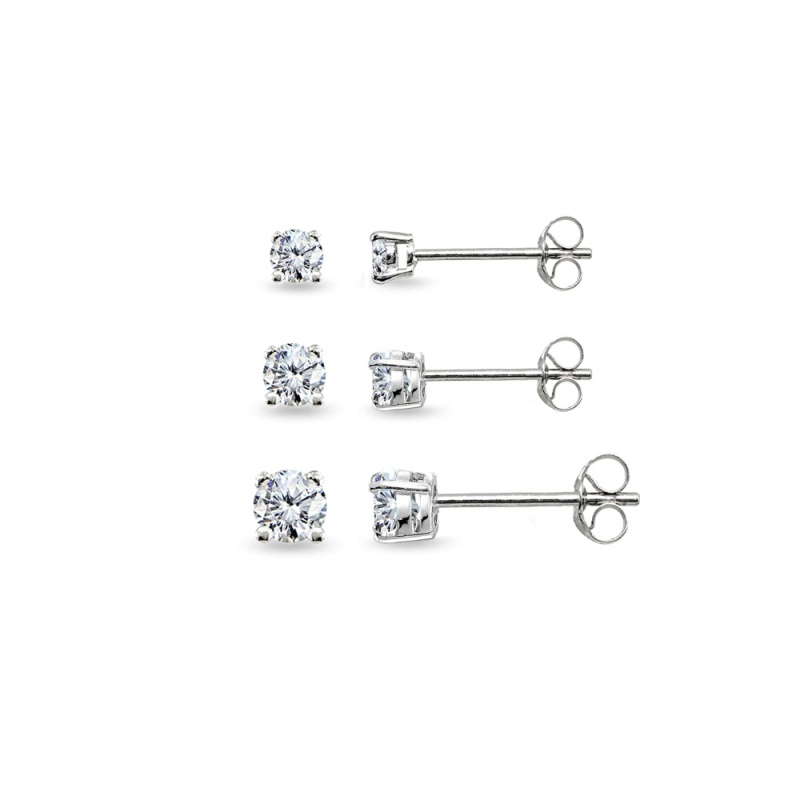 3 Pair Set Sterling Silver Cubic Zirconia Round Stud Earrings, 3Mm 4Mm 5Mm