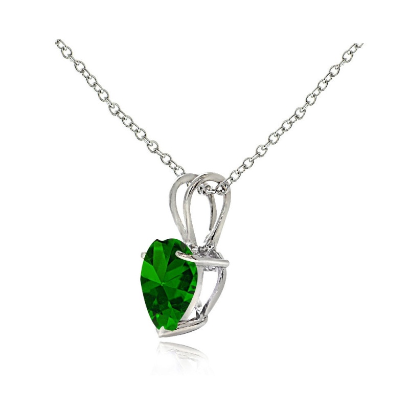 Sterling Silver Created Emerald 7Mm Heart Solitaire Necklace