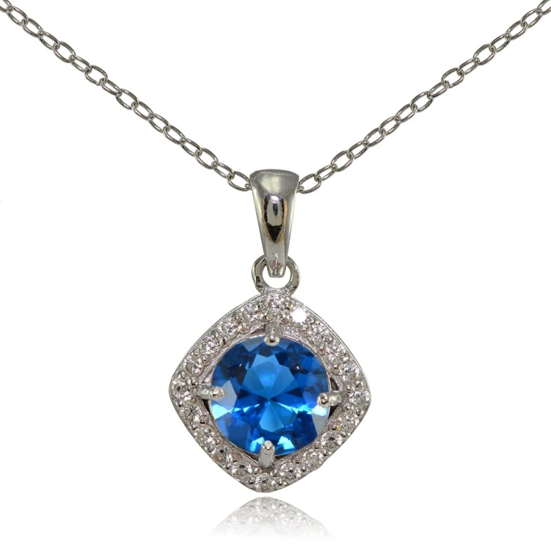 Sterling Silver Created London Blue Topaz 7Mm Round And Cz Accents Necklace