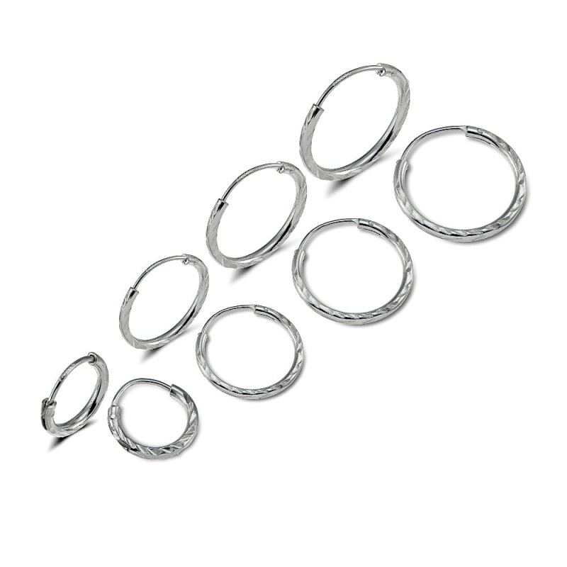 Sterling Silver 10Mm, 12Mm, 14Mm & 16Mm Diamond-Cut Endless Hoop Earrings, Set Of 4