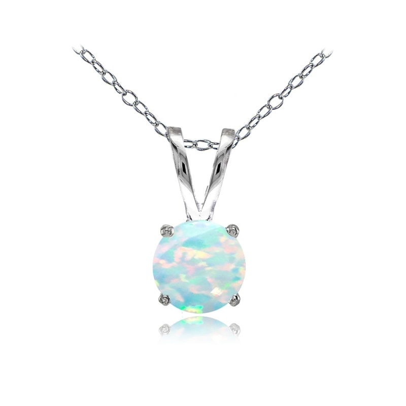 Sterling Silver Created White Opal 7Mm Round Solitaire Necklace