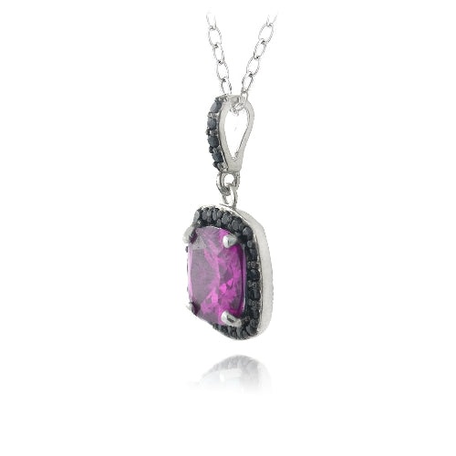 Sterling Silver 3.25Ct Created Pink Sapphire & Black Spinel Square Necklace