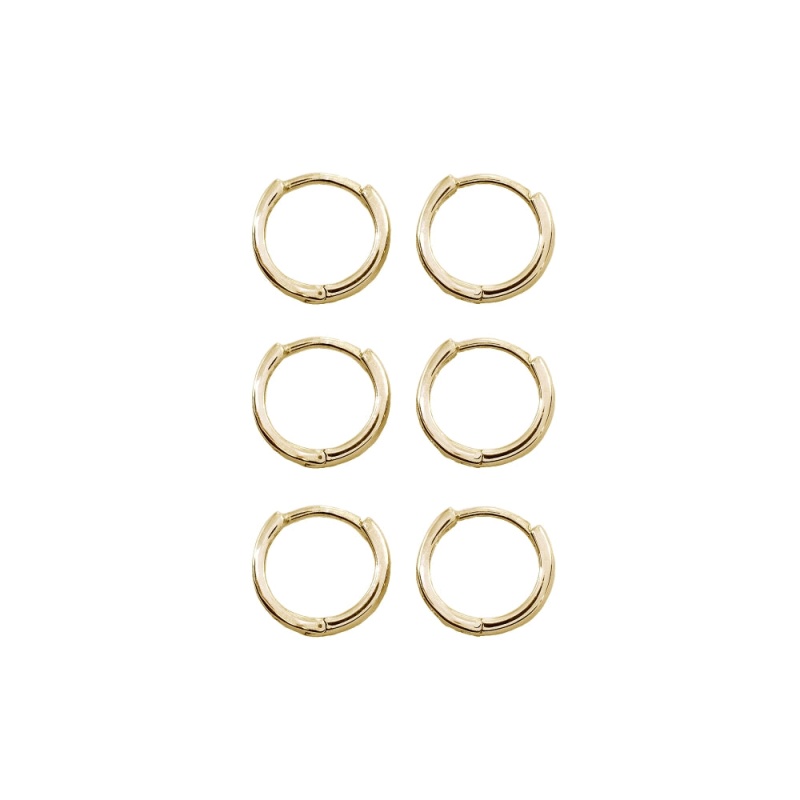 3 Pair Set Gold Flash Sterling Silver Tiny Small 13Mm Channel-Set Cubic Zirconia Round Huggie Hoop Earrings