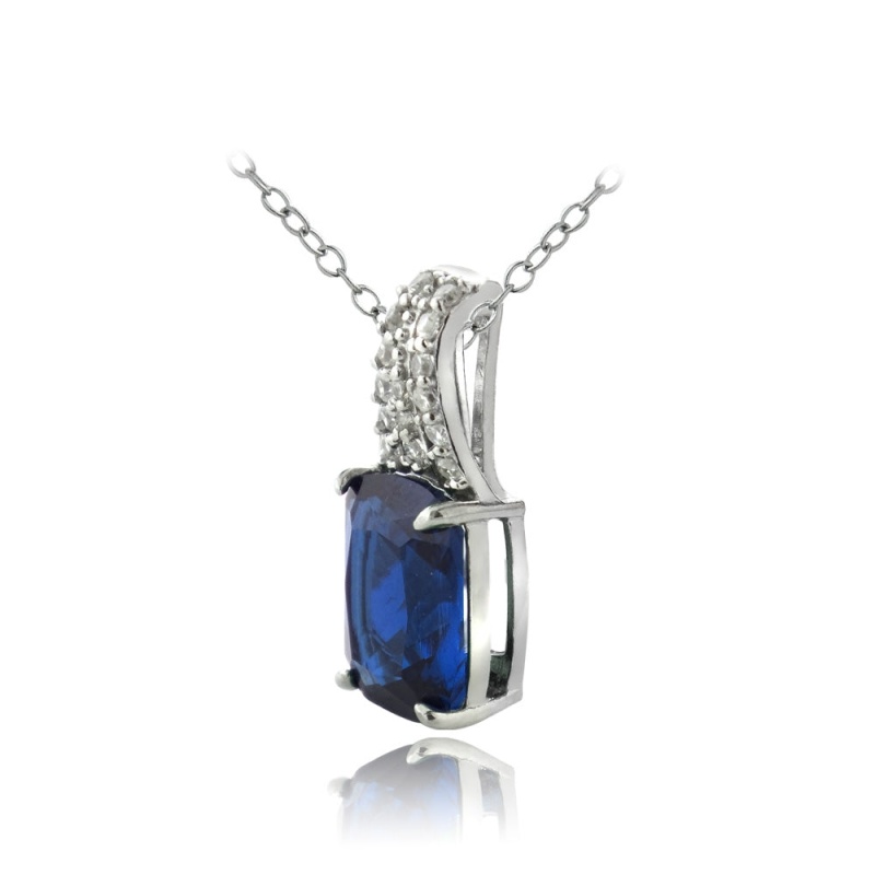 Sterling Silver Created Blue Sapphire & Cz Rectangle Necklace