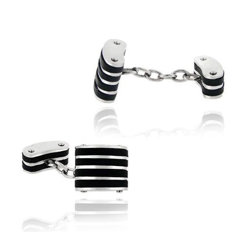 Stainless Steel And Black Rubber Striped Chain Cufflinks