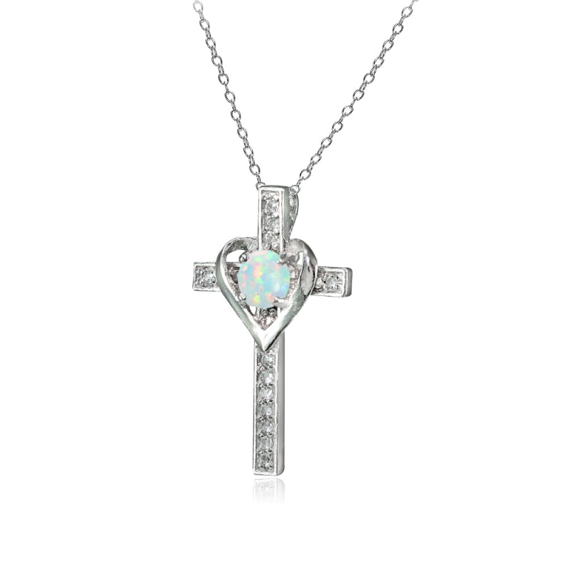 Sterling Silver Created White Opal And White Topaz Heart In Cross Necklace