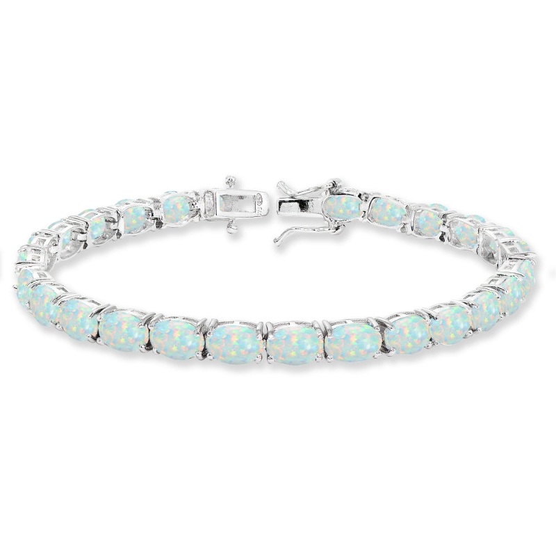 Sterling Silver 7X5mm Created White Opal Oval-Cut Classic Tennis Bracelet