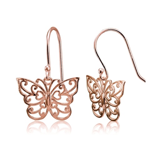 Rose Gold Flashed Sterling Silver High Polished Filigree Butterfly Dangle Earrings
