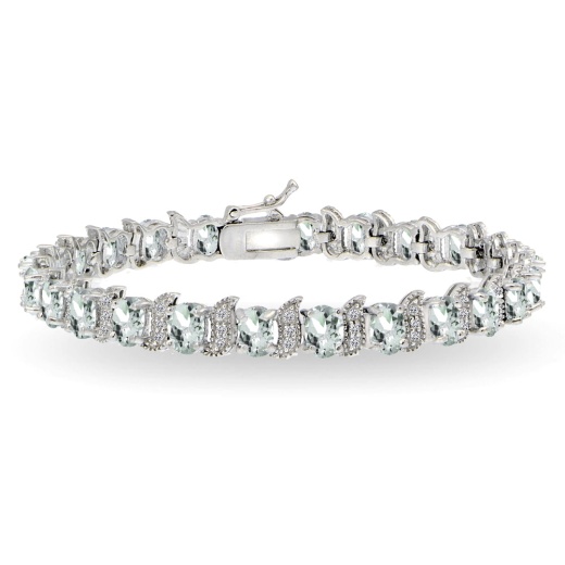 Sterling Silver Aquamarine Oval S Tennis Bracelet with White Topaz Accents
