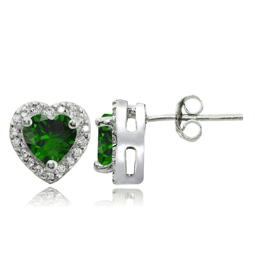 Sterling Silver 1.4Ct Created Emerald And White Topaz Heart Stud Earrings