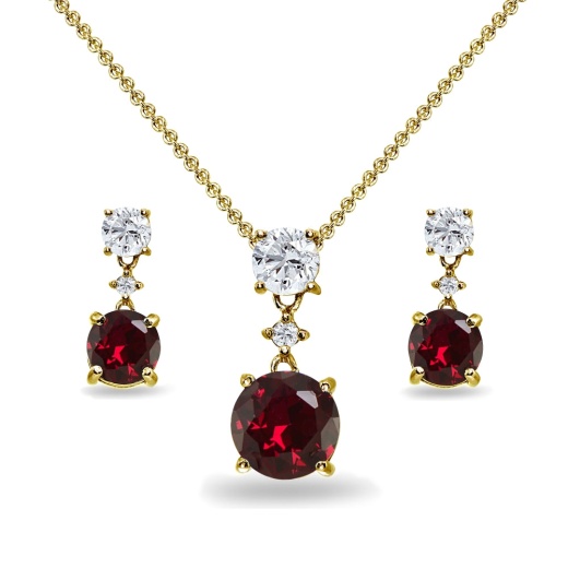 Yellow Gold Flashed Sterling Silver Created Ruby & White Topaz Round Three Stone Dangling Necklace & Stud Earrings Set
