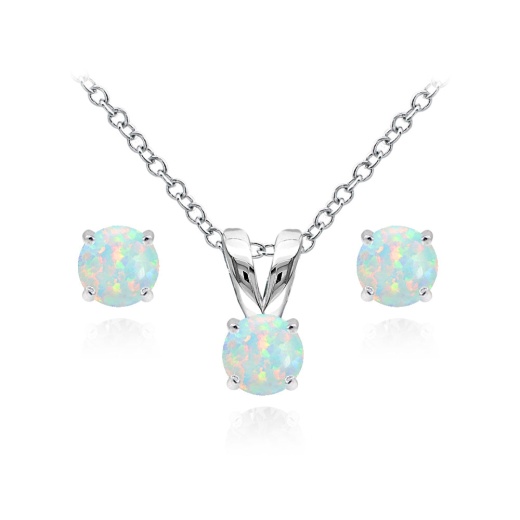 Sterling Silver Created White Opal Solitaire Pendant Necklace and Stud Earrings Set