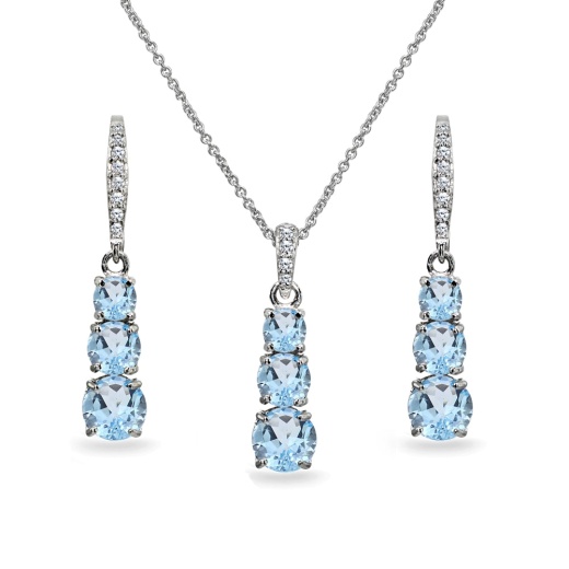 Sterling Silver Blue Topaz 3-Stone Journey Pendant Necklace & Dangle Leverback Earrings Set by Silverspeck
