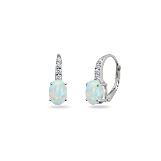 Sterling Silver Created White Opal & Cubic Zirconia Oval-Cut Leverback Huggie Earrings