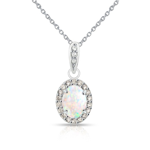 Sterling Silver Created White Opal and Morganite Oval Halo Necklace - Silverspeck