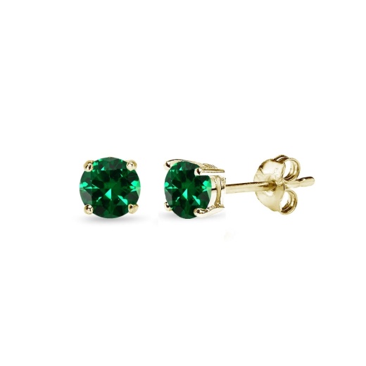 Yellow Gold Flashed Sterling Silver Simulated Emerald 4Mm Round-Cut Solitaire Stud Earrings