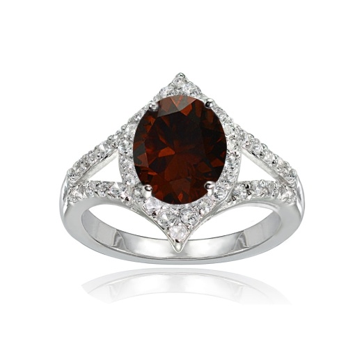 Sterling Silver Garnet and White Topaz Oval Fashion Split Shank Ring