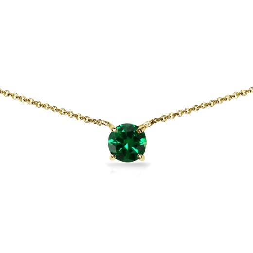 Yellow Gold Flashed Sterling Silver Simulated Emerald 7Mm Round Dainty Choker Necklace