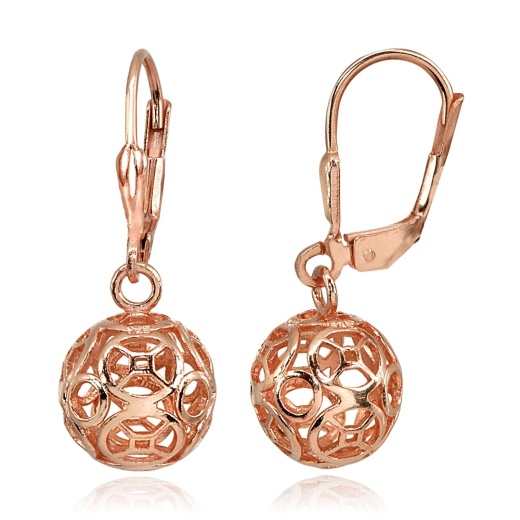Rose Gold Flashed Sterling Silver Polished Filigree Hollow Ball Dangle Leverback Earrings