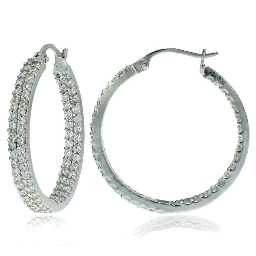 Sterling Silver Cubic Zirconia 3X25mm Two Row Inside-Out Hoop Earrings by Silverspeck