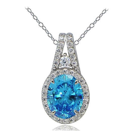 Platinum Plated Sterling Silver 100 Facets Light Blue Cubic Zirconia Oval Drop Necklace