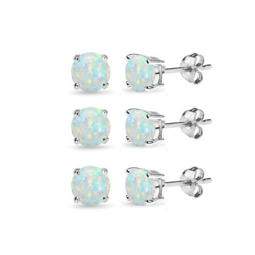 3 Pair Set Sterling Silver 6Mm Created White Opal Round Stud Earrings