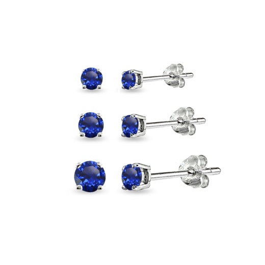 3-Pair Set Sterling Silver Created Blue Sapphire Round Stud Earrings