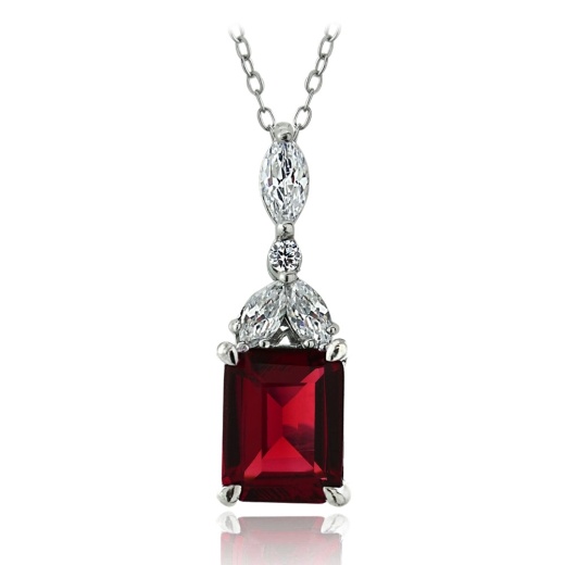 Sterling Silver Created Ruby & Cz Marquise Rectangle Necklace