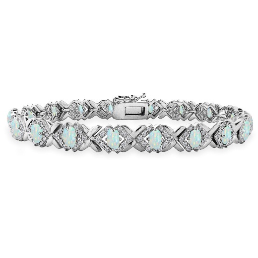 Sterling Silver Created White Opal Oval X Design Polished Tennis Bracelet