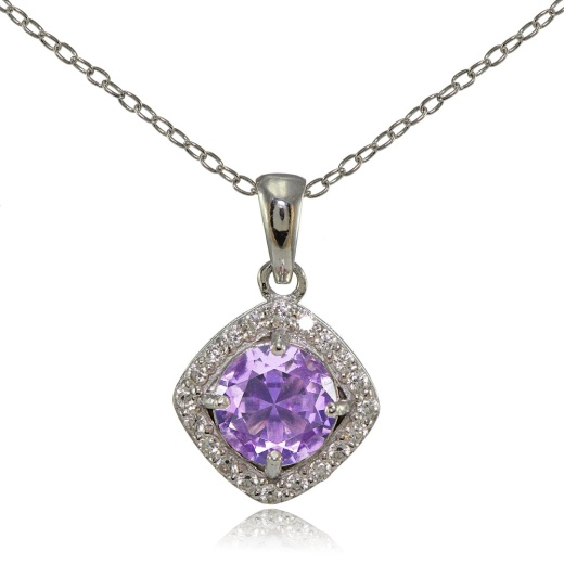 Sterling Silver Created Amethyst 7Mm Round And Cz Accents Necklace