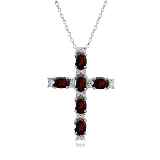 Sterling Silver Garnet Oval-Cut Cross Pendant Necklace with White Topaz Accents