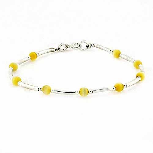 Sterling Silver Yellow Cats Eye Bar & Bead Bracelet