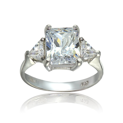 Sterling Silver Three Stone Cz Trillion Emerald-Cut Engagement Ring, Size 9