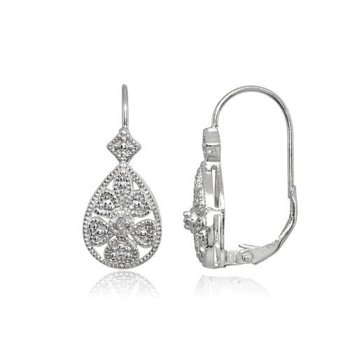 Sterling Silver Diamond Accent Filigree Heart Flower Teardrop Leverback Earrings