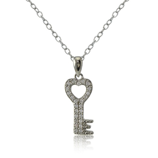 Sterling Silver Cubic Zirconia Heart Key Necklace - New Products