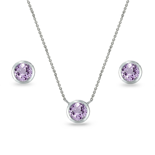 Sterling Silver Amethyst 5Mm Round Bezel-Set Solitaire Small Dainty Choker Necklace And Stud Earrings Set