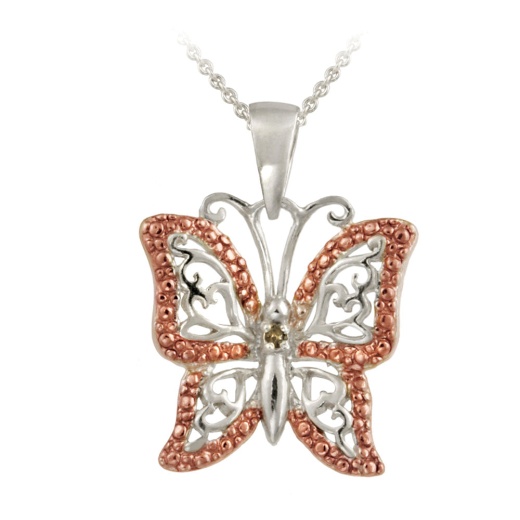 Sterling Silver Two-Tone Rose Gold Champagne Diamond Accent Butterfly Necklace