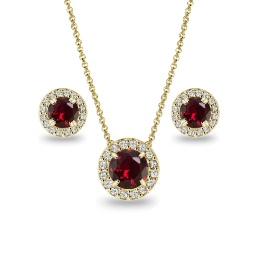 Yellow Gold Flashed Sterling Silver Created Ruby Round Halo Necklace & Stud Earrings Set With Cz Accents