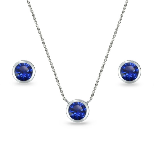 Sterling Silver Created Blue Sapphire 5Mm Round Bezel-Set Solitaire Small Dainty Choker Necklace And Stud Earrings Set