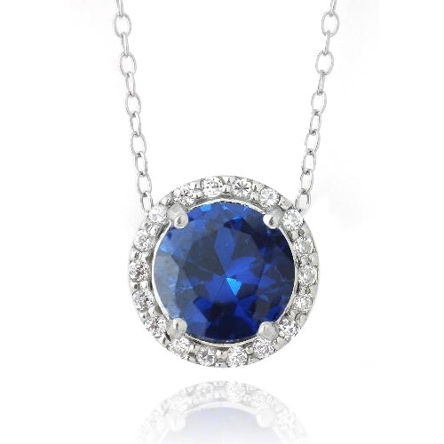 Sterling Silver 2.25Ct Created Blue Sapphire & Cz Round Slide Necklace
