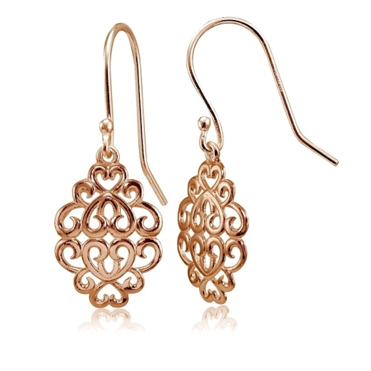 Rose Gold Flashed Sterling Silver High Polished Filigree Dangle Earrings